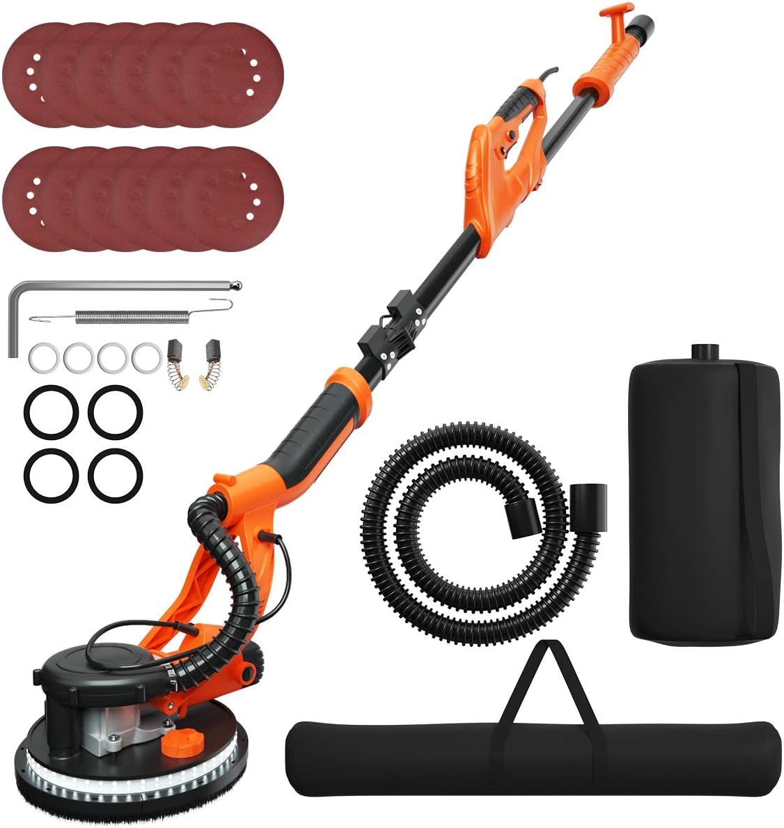 GOPLUS Lijadora de techo 750w, 800-1750 rpm, Ø250mm, lijadora de pared con sistema de aspiración de polvo y mango telescópico, lijadora para tabiquería seca incl. luces LED y 12 discos lijadores
