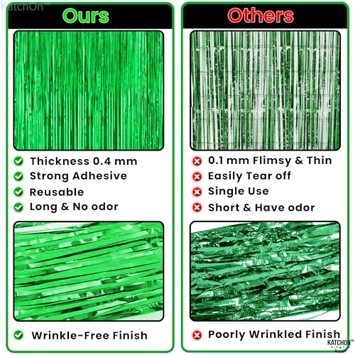 Image of KatchOn, Green Streamers Foil Fringe Curtains - 3.2x6.5 Ft, Pack of 2 | Green Backdrop for Dinosaur Birthday Decorations | Tinsel Backdrop for Safari Birthday Decoration, Jungle Party Decorations