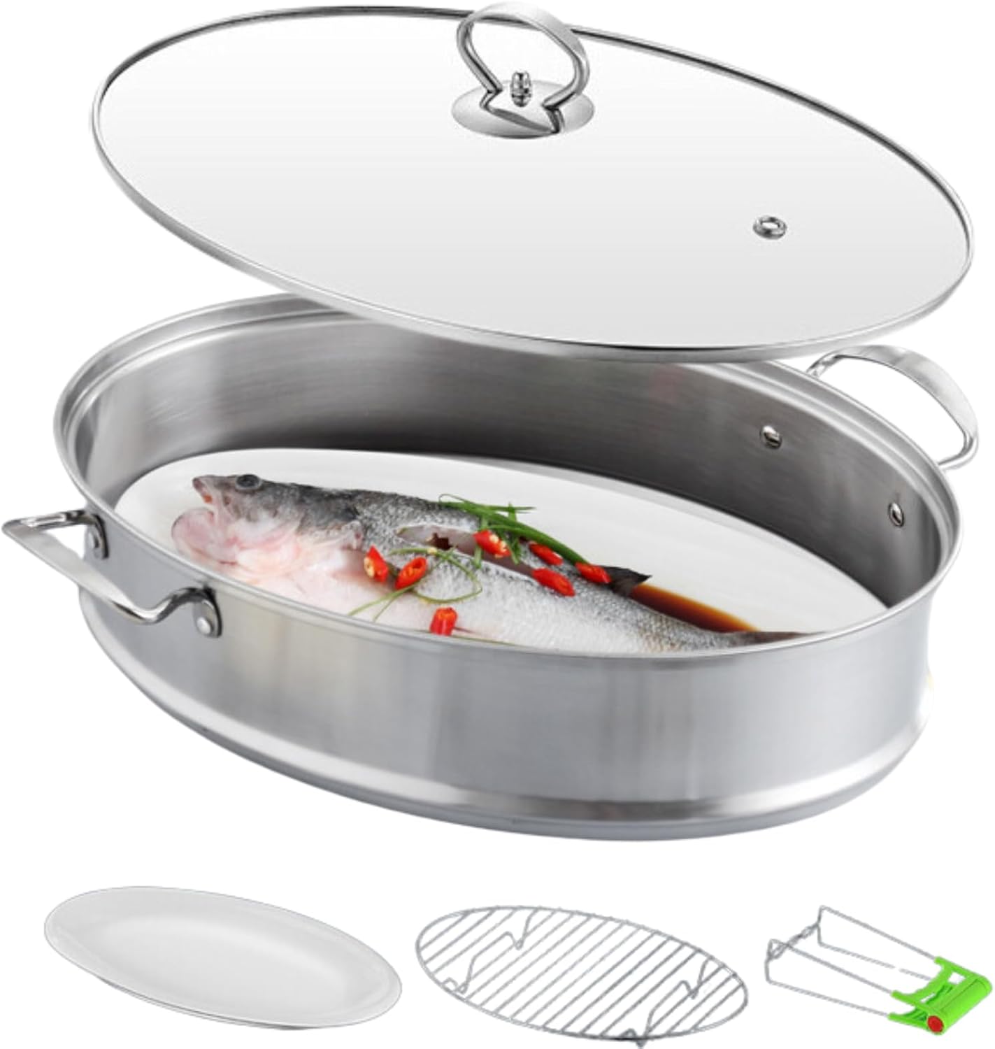 Stainless Steel Fish Steamer, Fish Steamer for Cooking Multi-Use Oval Pasta Pot/Braiser with Rack, Ceramic Pan, Chuck, Stockpot for Steaming Fish, Boiling Soup