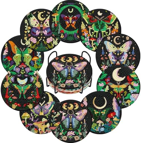 Clendo 8-Piece Bohemian Style Diamond Painting Coaster Kit - Abstract Landscape Art For Beginners With Holder