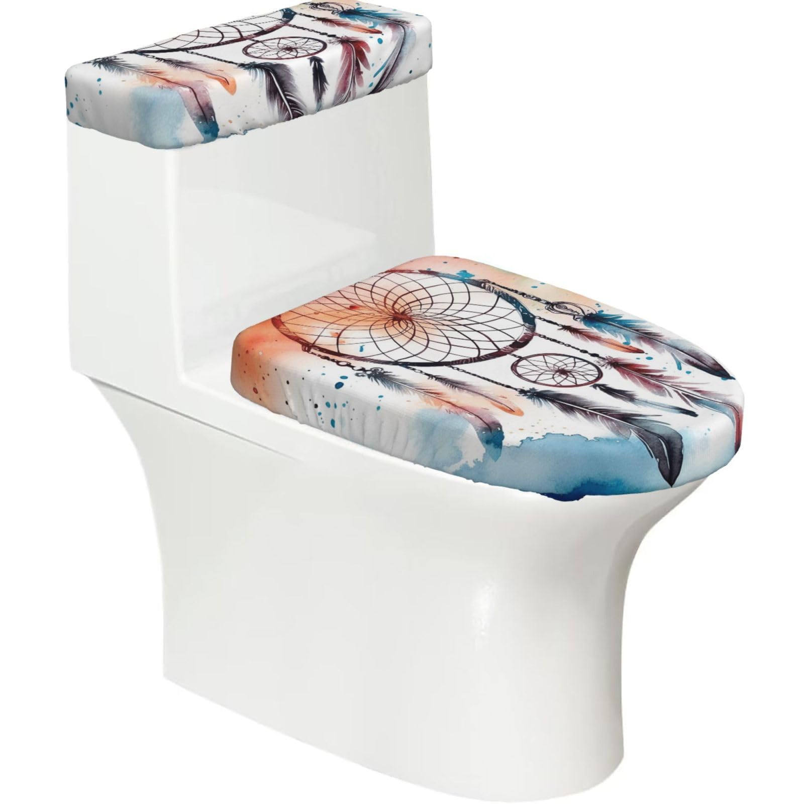 FekiLoot Watercolor Dream Catcher Toilet Lid Cover and Toilet Tank Cover Set of 2,Dust Splash Resistant Toilet Top Covers Soft Washable Toilet Lid Seat Cover for Bathroom Office Home Decor