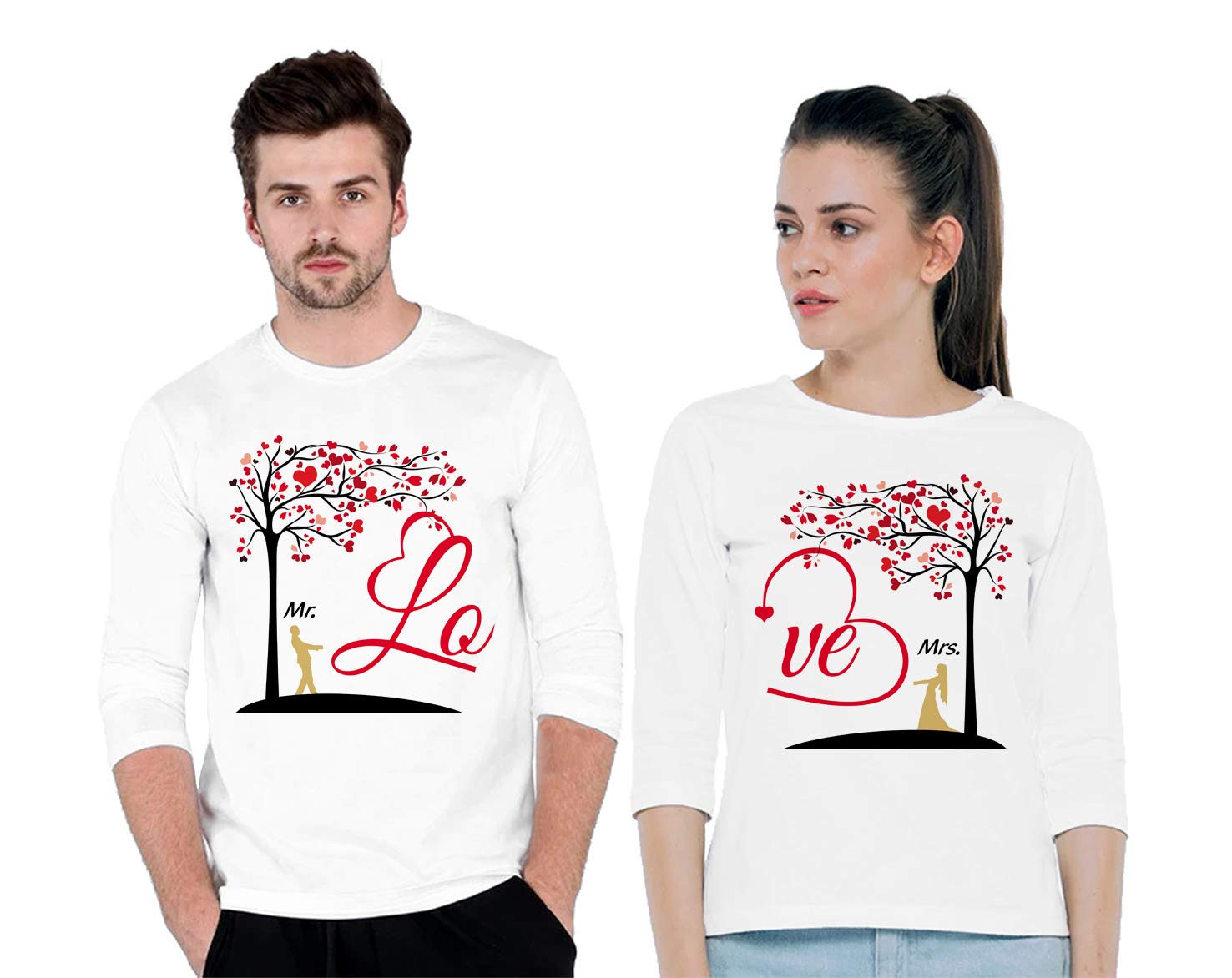 vfesta Digital Printed Mr. Mrs. Love Tree Full Sleeve White Roundneck Matching Couple T-Shirts