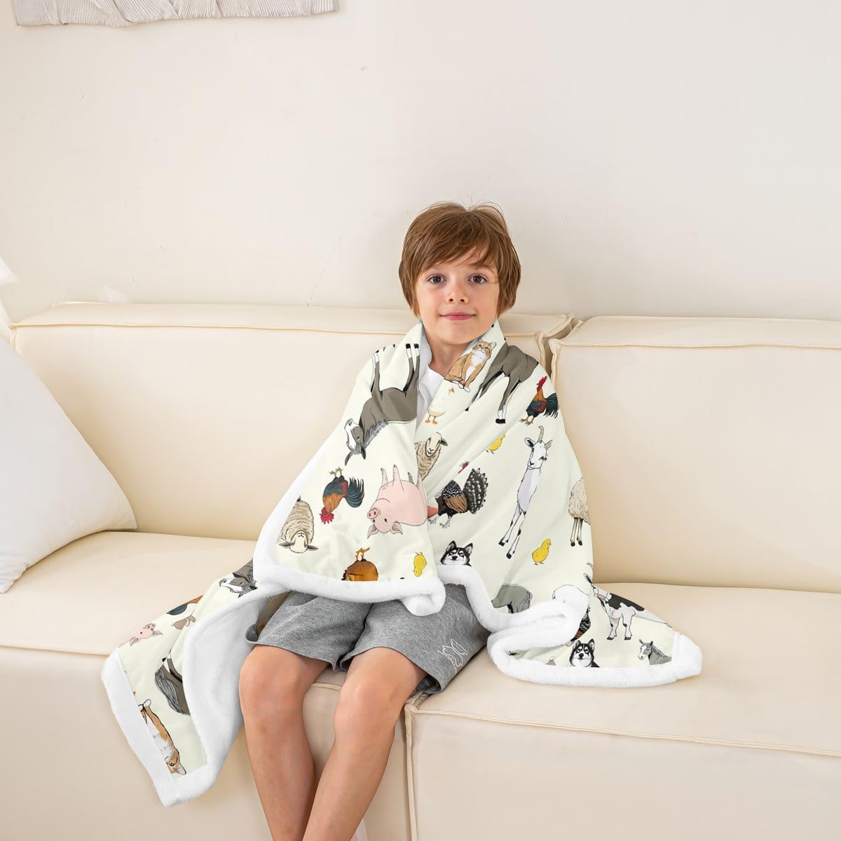 Feelyou Beige Farm Animal Fleece Throw Blanket Cute Animal Sherpa Blanket for Kids Women Men Plush Fuzzy Farm Theme Twin 60"x80" Cartoon for Bed Couch Chair Living Room Bedroom Decor image 5