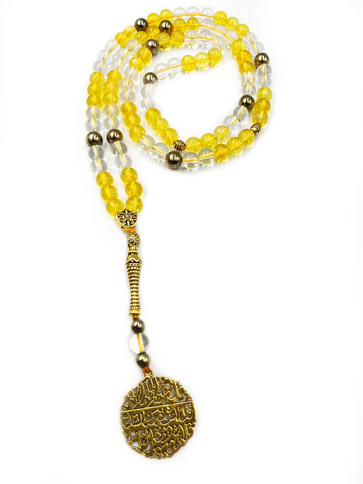 REBUYNatural Citrine Clear Quartz 99 Beads Stone Prayer Misbaha Tasbih | For Peaceful Meditation and Spiritual Connection | Islamic Gift, Bracelet or Necklace | Bead Size : 10 MM | Gift Box Included