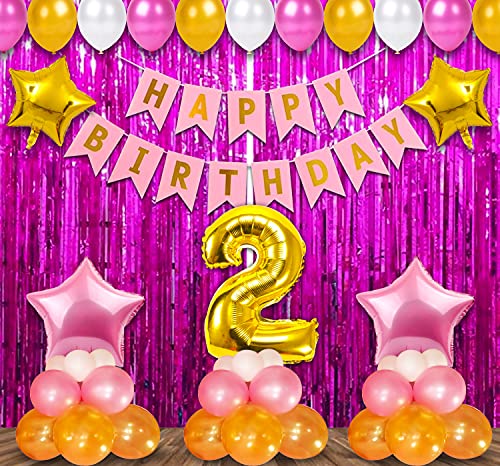 Image of Party Propz 2nd Birthday Decoration Items For Girls -38pcs Pink & Gold Decoration | Birthday Decorations Kit For Girls | 2nd Birthday Decoration Items | Baby Birthday Decoration Items | Foil Curtains