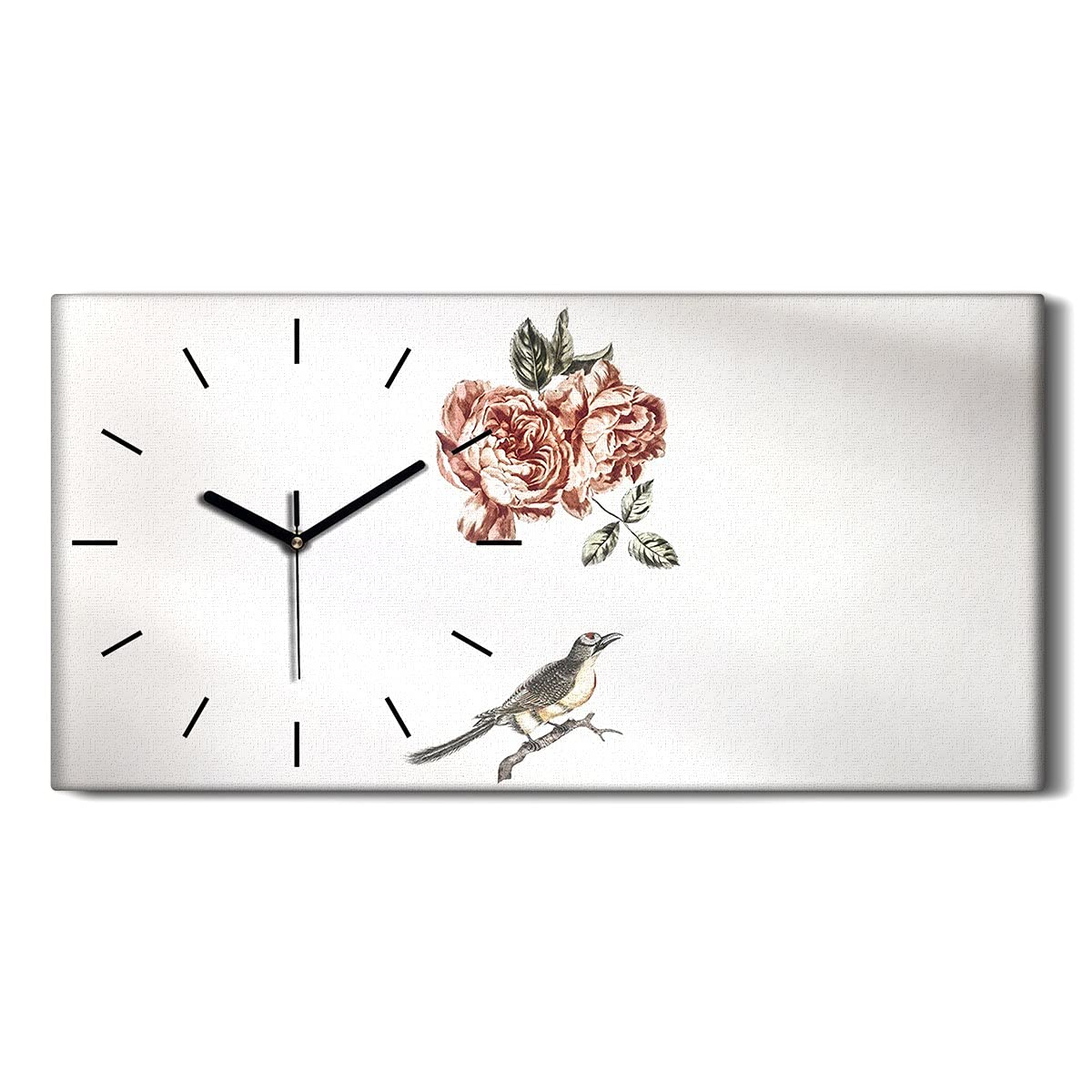 Horloge sur Toile sans Tic-Tac Tableau Mural Silencieux 60x30 Fleurs et Oiseaux