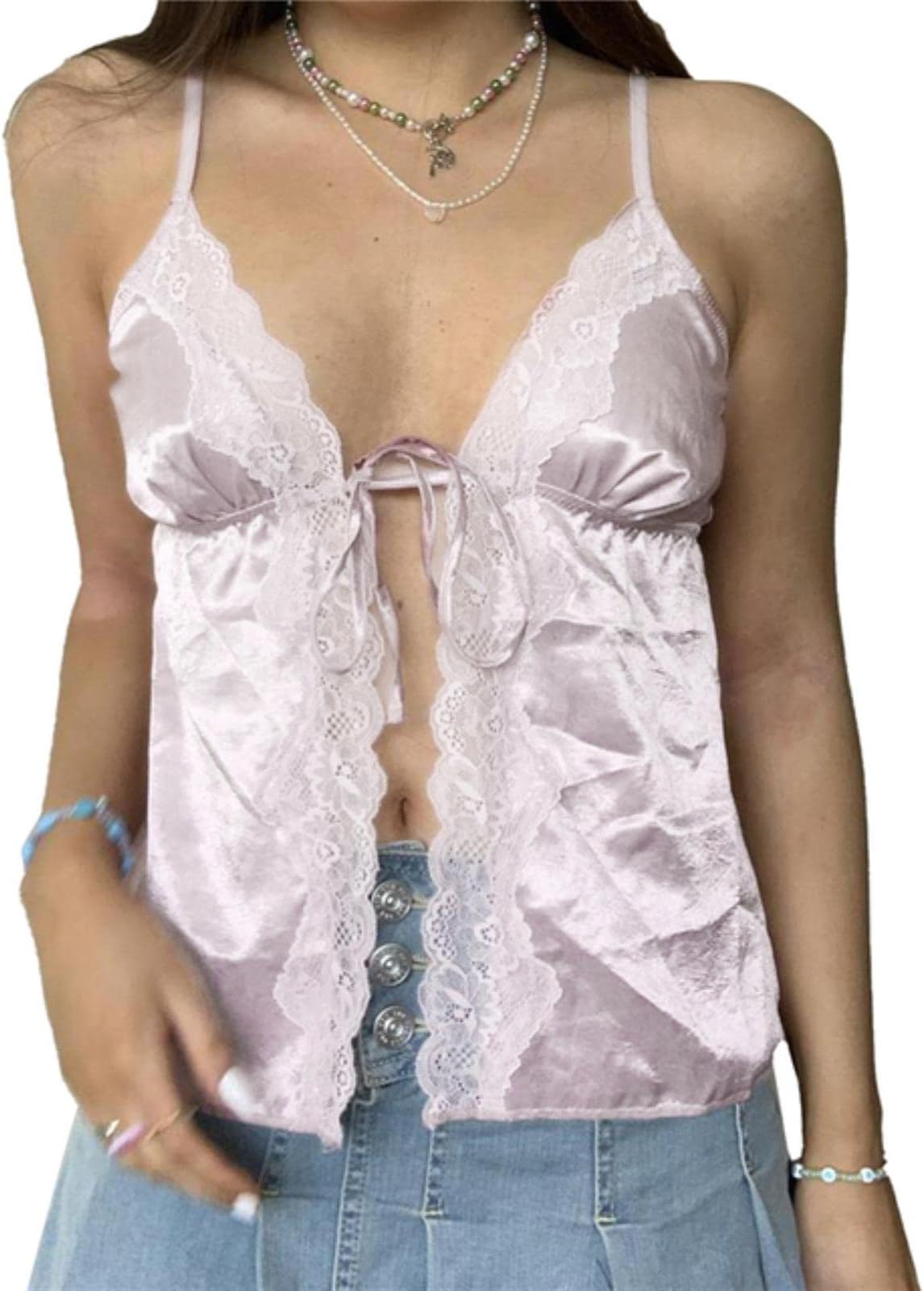 Summer Lace Camisole Tops Beige Pink Women Sleeveless V Neck Slim Fit Tank Top Sweet Sexy Fashion Sweet Crop Top-As photo shows,L