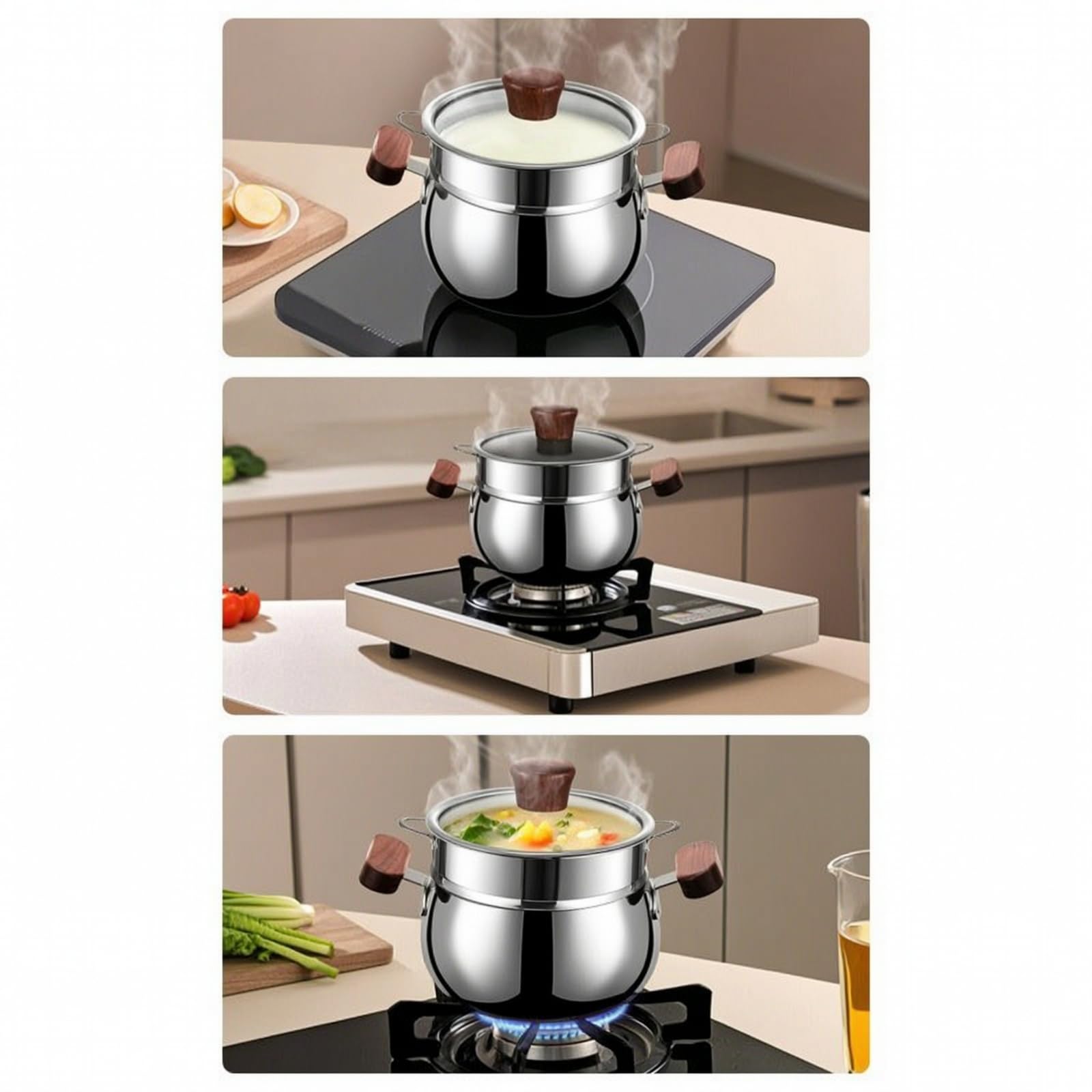 Pentola per Latte Pentolino Padella, 14cm, Manici Doppi In Legno Di Noce, 1200ml, Con Coperchio E Griglia Per Cottura A Vapore