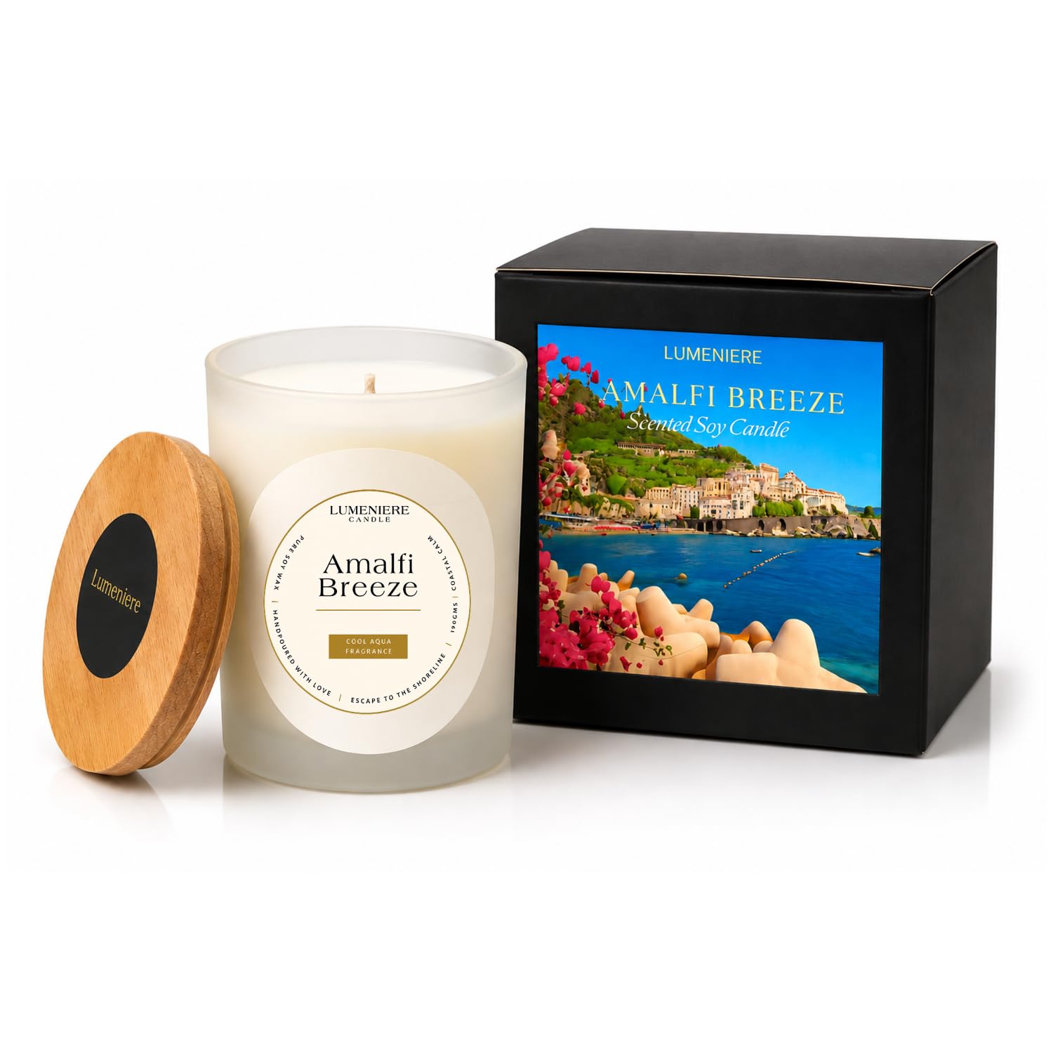 Amalfi Breeze Ocean Scented Candle | 200ml Soy Wax Glass Jar | Eco-friendly 200ml frosted glass jar candle with cotton wick & 30h burn-image-5