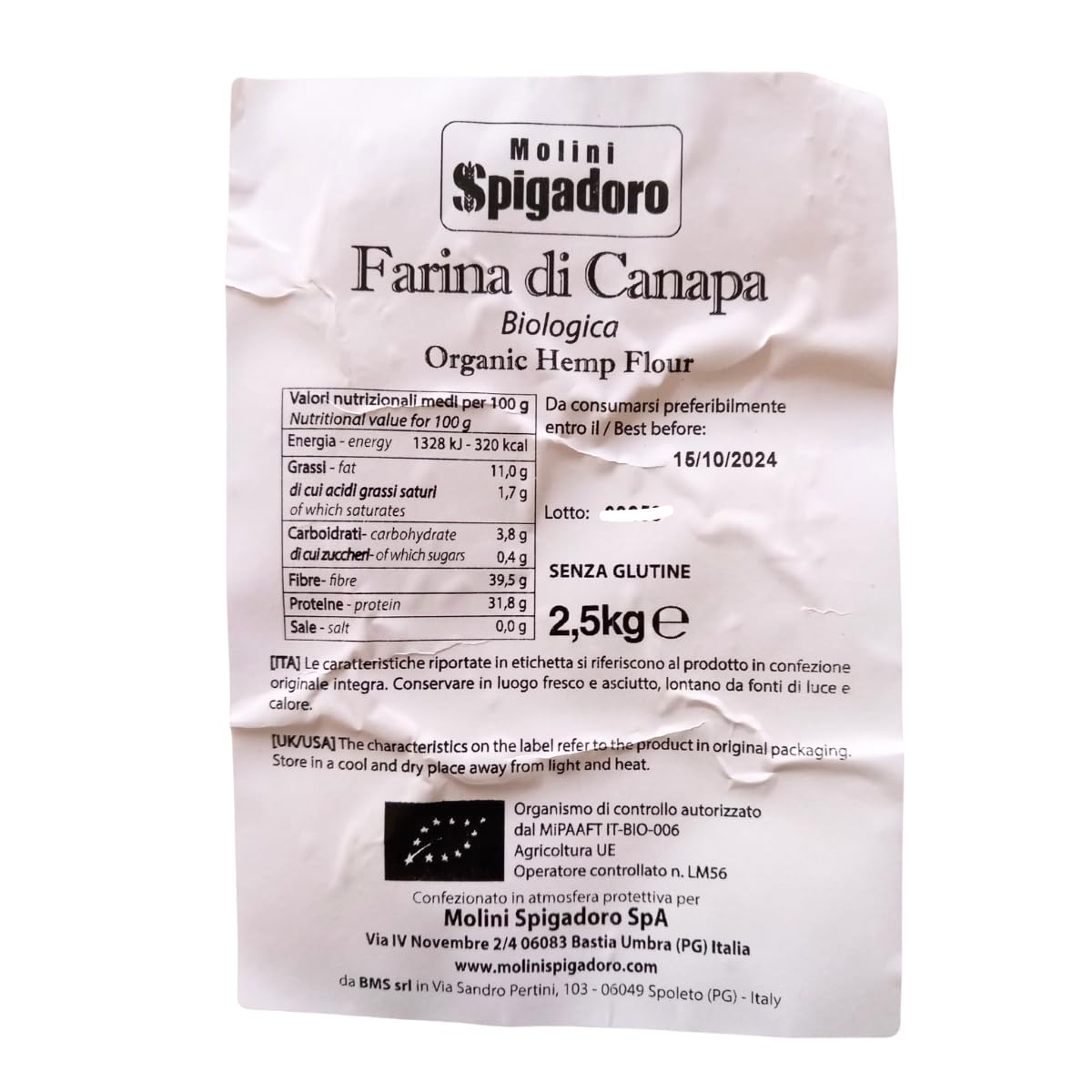 Molini Spigadoro Farina di Canapa Biologica (4 pezzi x 2,5kg) certificata ICEA, può essere aggiunta agli impasti per pane, pizza, biscotti e dolci