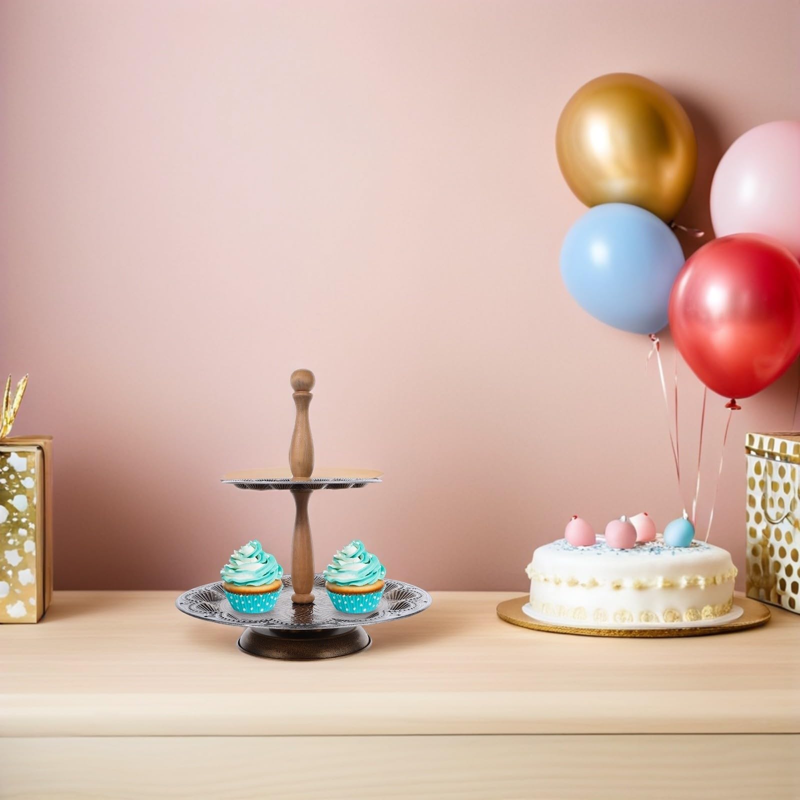 Soporte Rústico para Cupcakes y Tartas de Hierro Doble Capa y Diseño Desmontable, Bandeja Redonda de Madera para Exhibición en Reuniones y Barra de Café