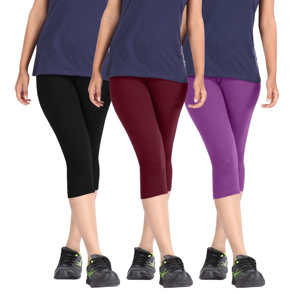 pixie fashion Biowashed Cotton Stretchable Capri Legging Combo Pack of 3 for Women/Girls/Ladies (Black, Maroon and Purple) - Free Size-picture-50
