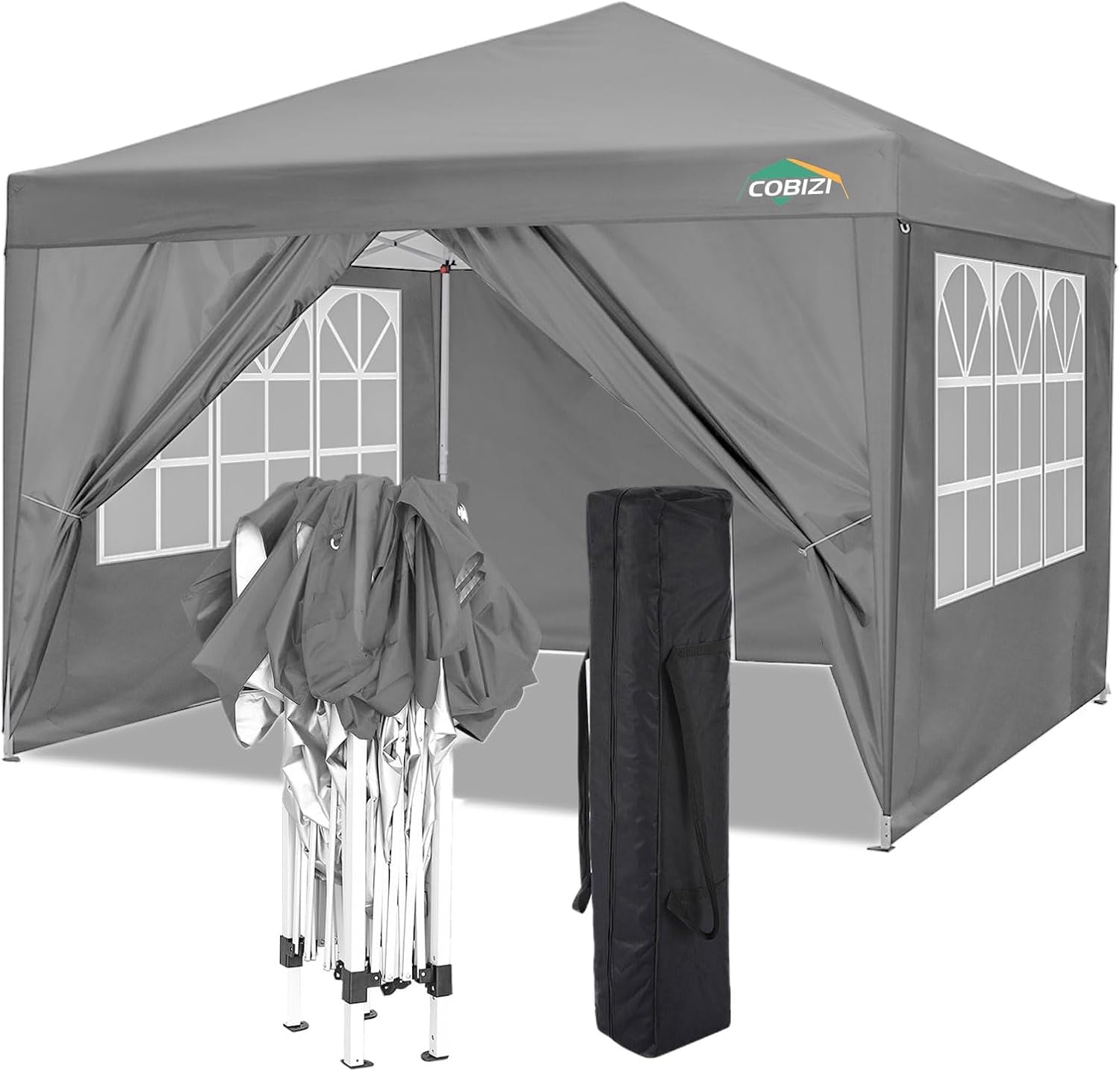 COBIZI 10x10 Pop Up Canopy Tent with 4 Removable Sidewalls, Easy Up Waterproof Sun Shade Tents for Parties Camping Exhibition, Commercial Event Gazebo with Carry Bag,8 Stakes & 4 Ropes (Gray