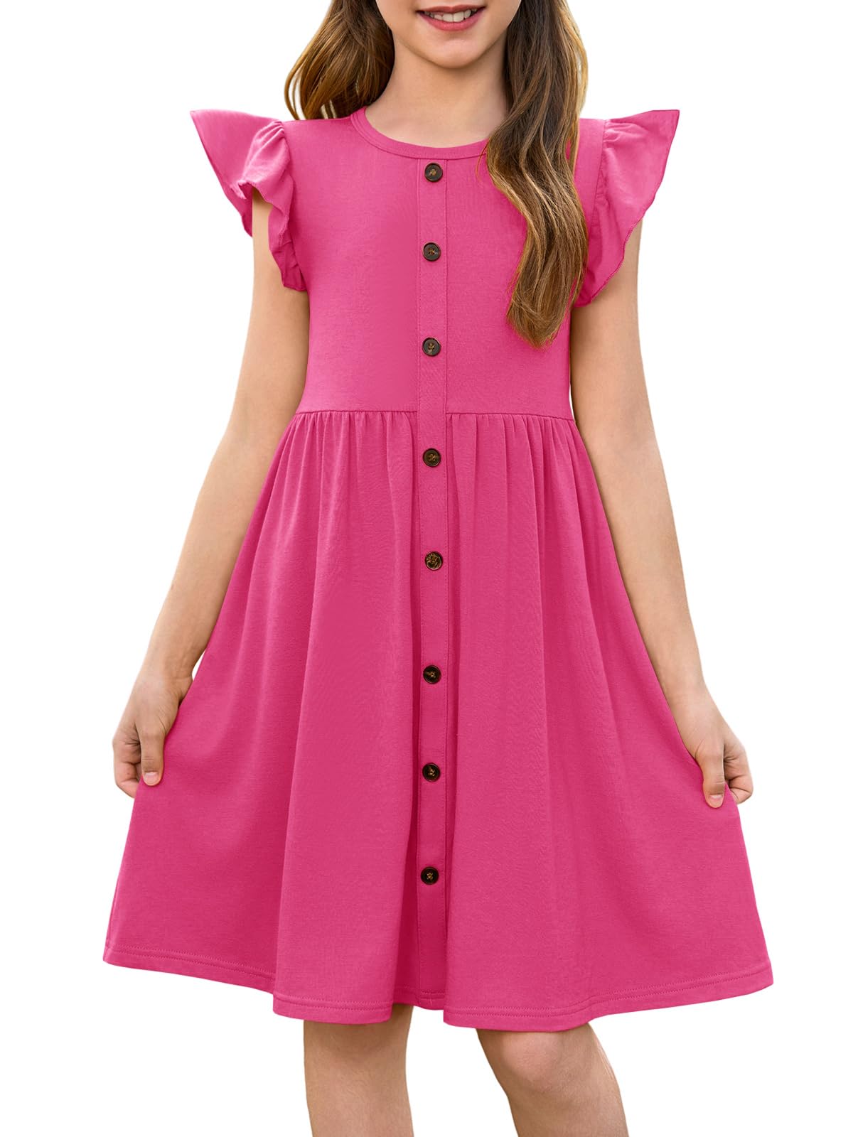 Haloumoning Girls Dress Kids Flutter Sleeve A-Line Button Down Sundress Casual Midi Dresses 5-14 Years