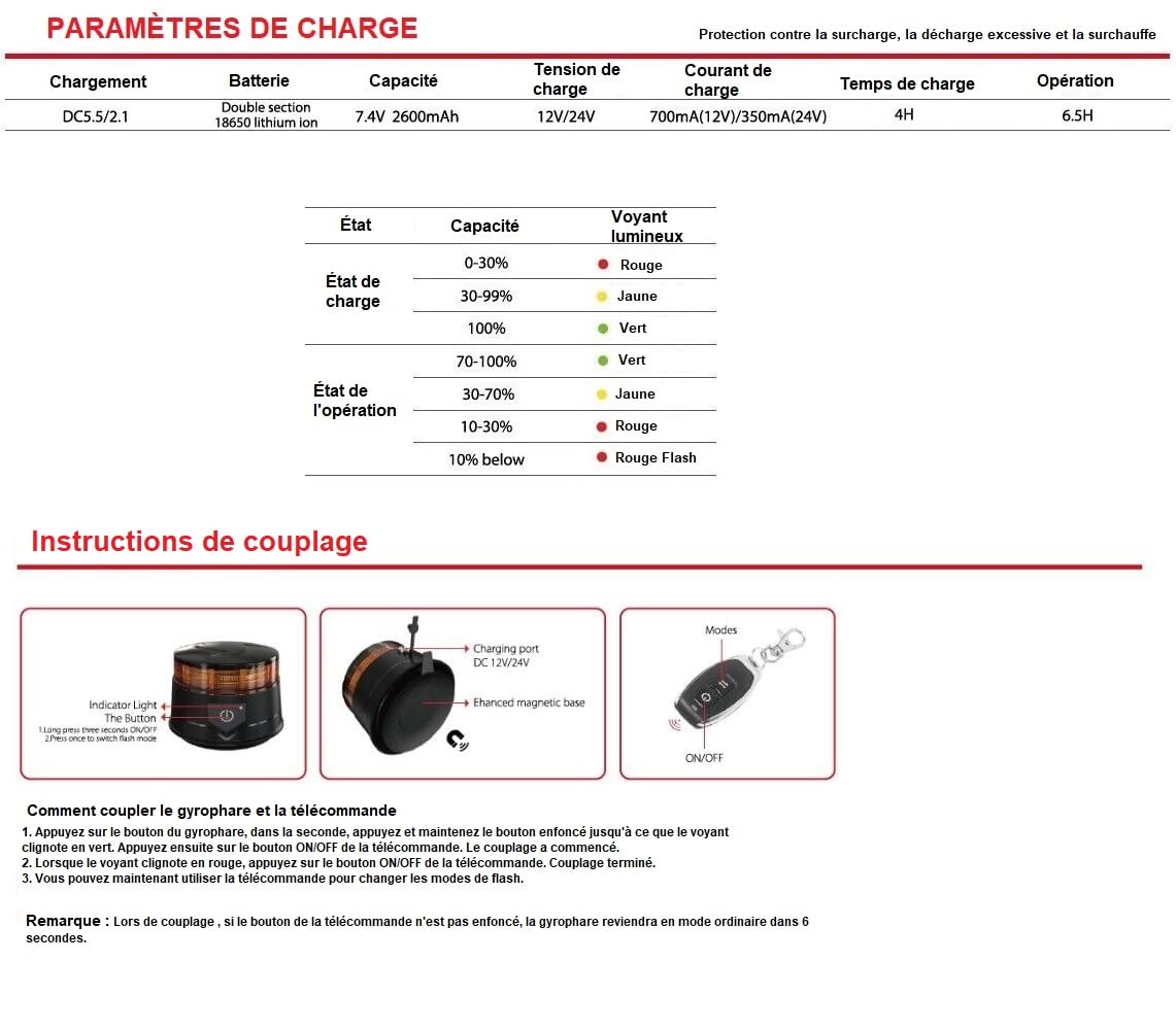 Gyrophare Autonome Rotatif LED Amber Orange E9 R65 14W Comprend Télécommande Batterie Rechargeable Base Magnétique et Ventouse