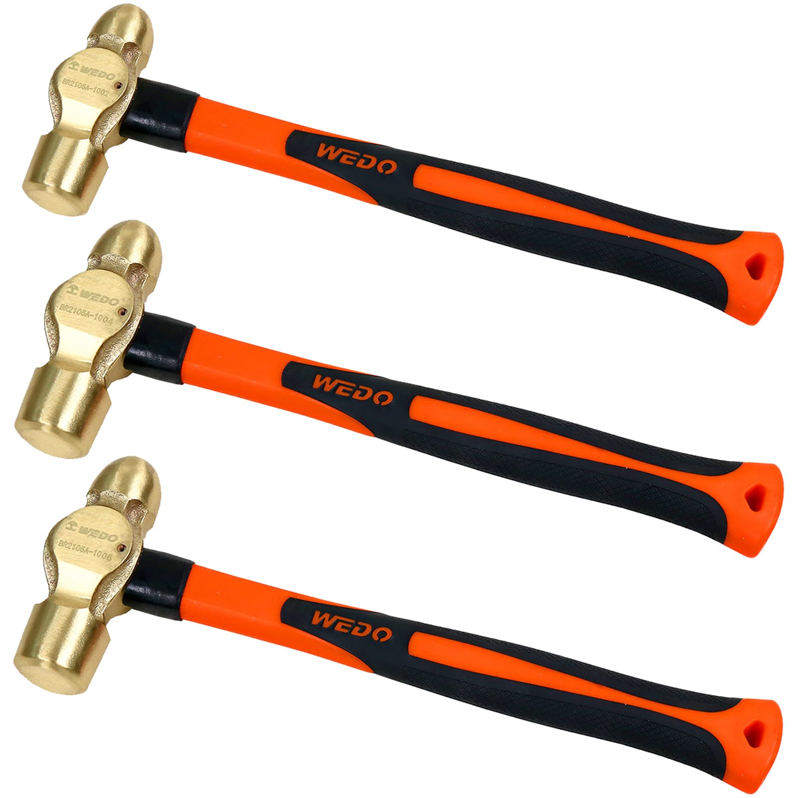 WEDO 3PCS Brass Ball Peen Hammer Set, 12 oz+16 oz+24 oz(3/4lb+1lb+1-1/2lb), Brass Ball Pein Hammer Set with Fiberglass Handle, Die-Forged, Corrosion Resistant, DIN Standard