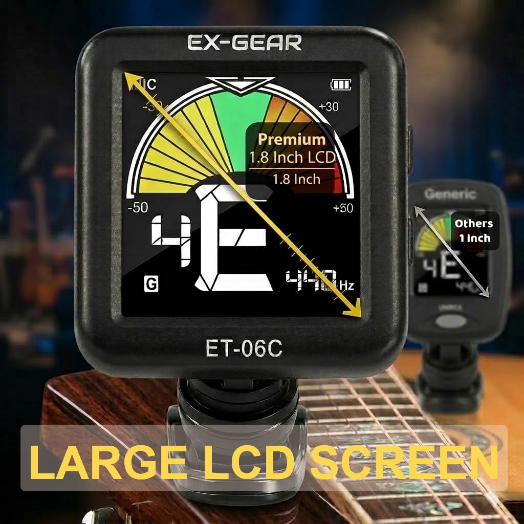 Afinador de guitarra profesional con clip, giratorio de 360° recargable, afinador de guitarra acústica con pantalla LCD grande, afinación rápida y precisa para guitarra, violín, bajo, ukelele