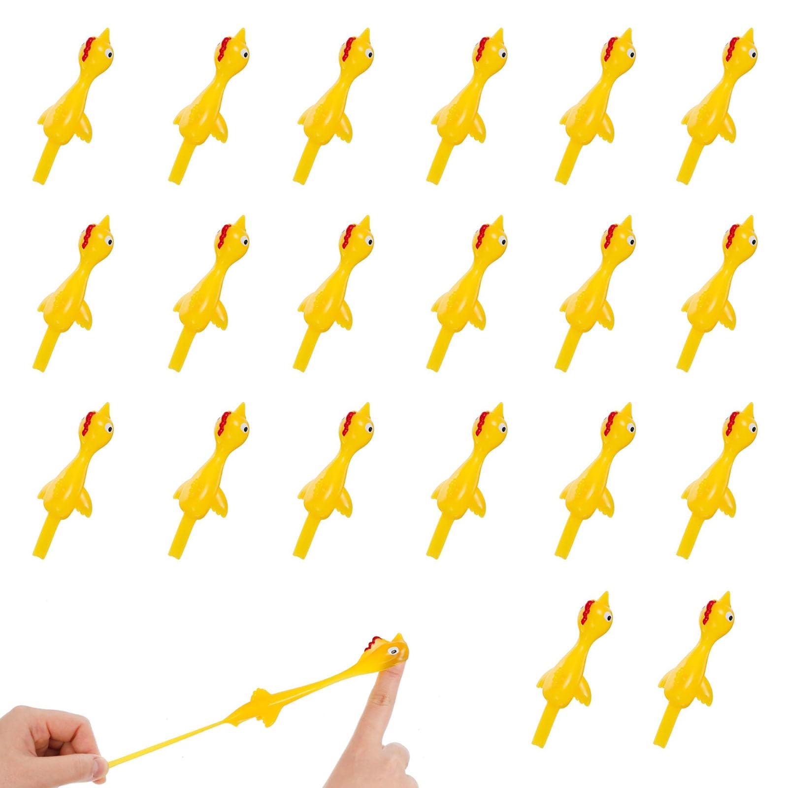 QHLWTT 20Pcs Funny Rubber Chickens Flying Cute Smile Rubber Chicken Easter Chicks Sticky Stretchy Slingshot Finger Toys for Party Favors Gift (Yellow)