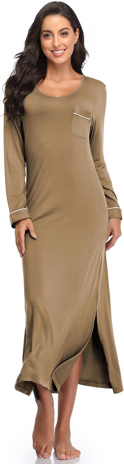 COLORFULLEAF Nightgowns for Women Long Sleeve V Neck Nightshirts Soft Full Length Sleepwear with Pockets - Image 4