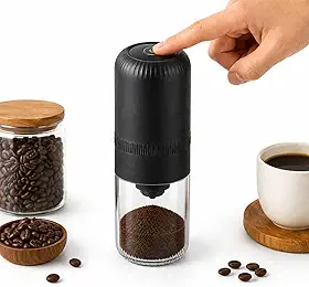 Moedor de Café Elétrico Portátil Recarregável USB com Ajuste de Moagem – Moedor de Grãos Compacto para Espresso, Prensa Francesa e Coado – Design Moderno com Reservatório Transparente
