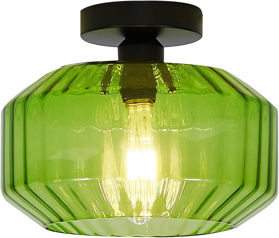 Semi Flush Mount Ceiling Light Mid Century Black Farmhouse Kitchen Light Fixture with Depression Green Glass Shade Frameless Design Suitable for Living Room Entry Cloakroom