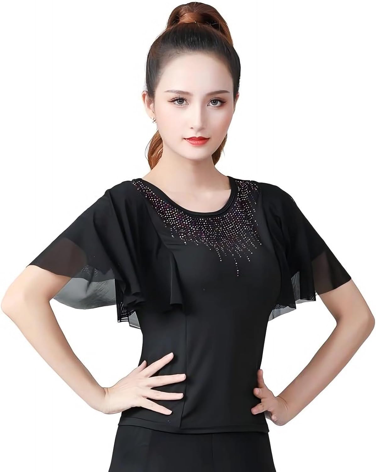Women's Latin Dance Practice Clothing Tops Trumpet-Sleeved Short-Sleeved Ballroom Dance Modern Performance Clothing