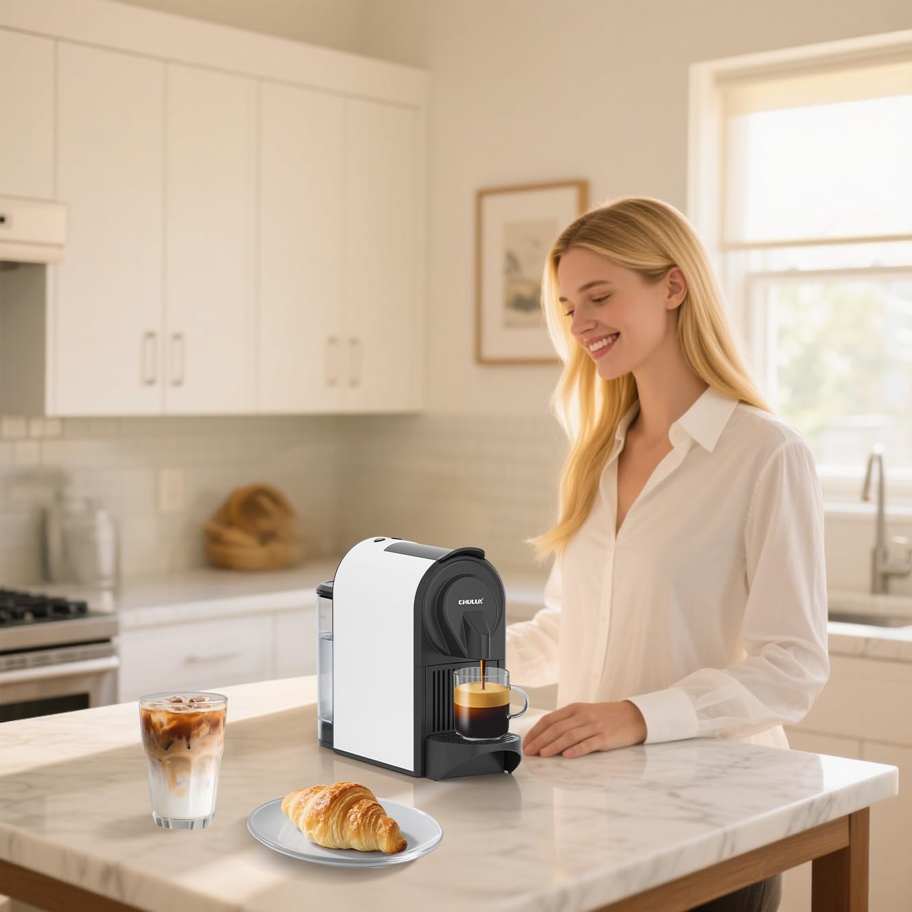CHULUX Mini máquina de café espresso para cápsulas Nespresso, cafetera de 20 bar, 1400 W, color blanco