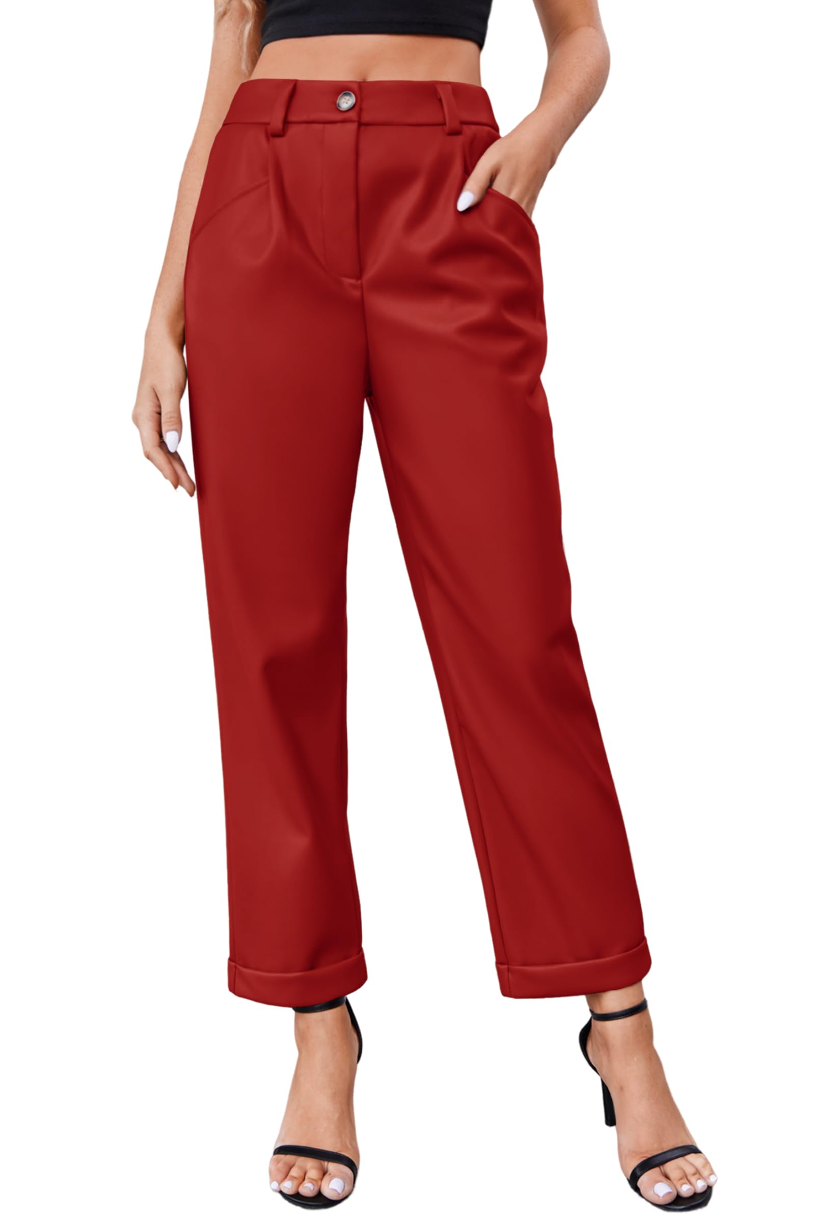 Febriajuce Faux Leather Pants for Women Pleather High Waisted Straight Leg Leggings PU Trousers with Pockets Red