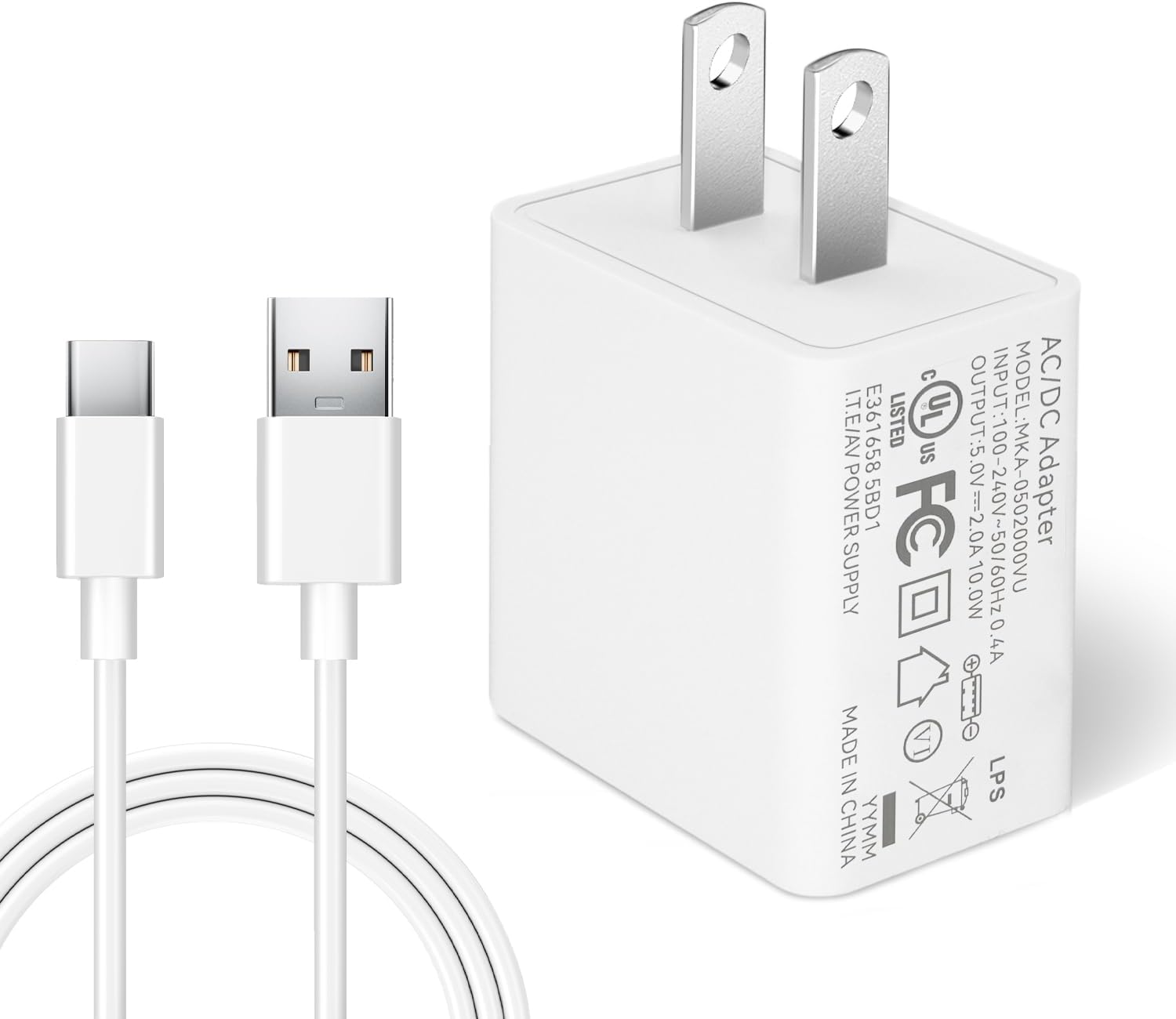 DC 5V 2A 10W USB Wall Charger with 10ft/3M USB C Cable, AC Adapter for Type-C Enabled Home Security Cameras, Power Charging & Power Supply for More USB-C Devices-White