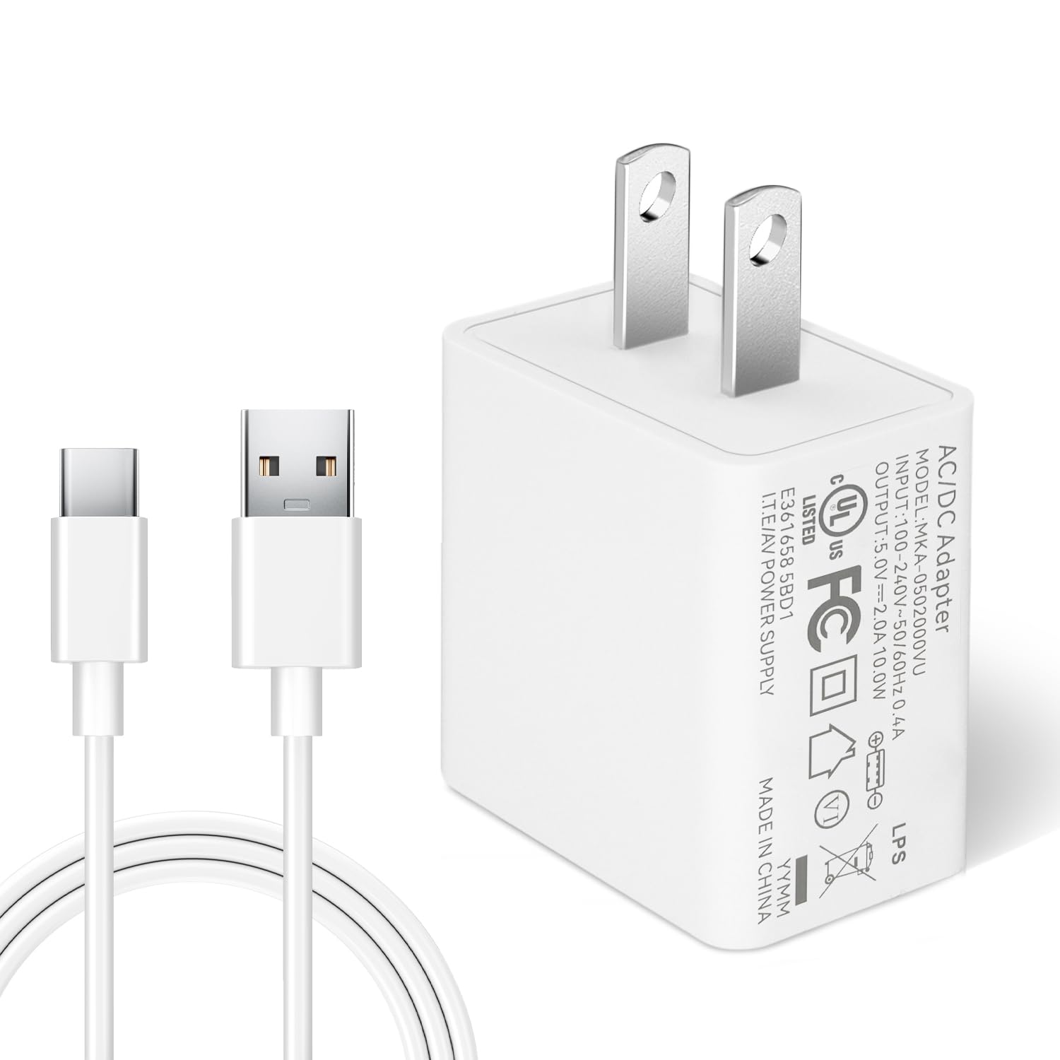 USB充電器 10W DC 5V 2A 10W USB Wall Charger with 10ft/3M USB C Cable, AC Adapter