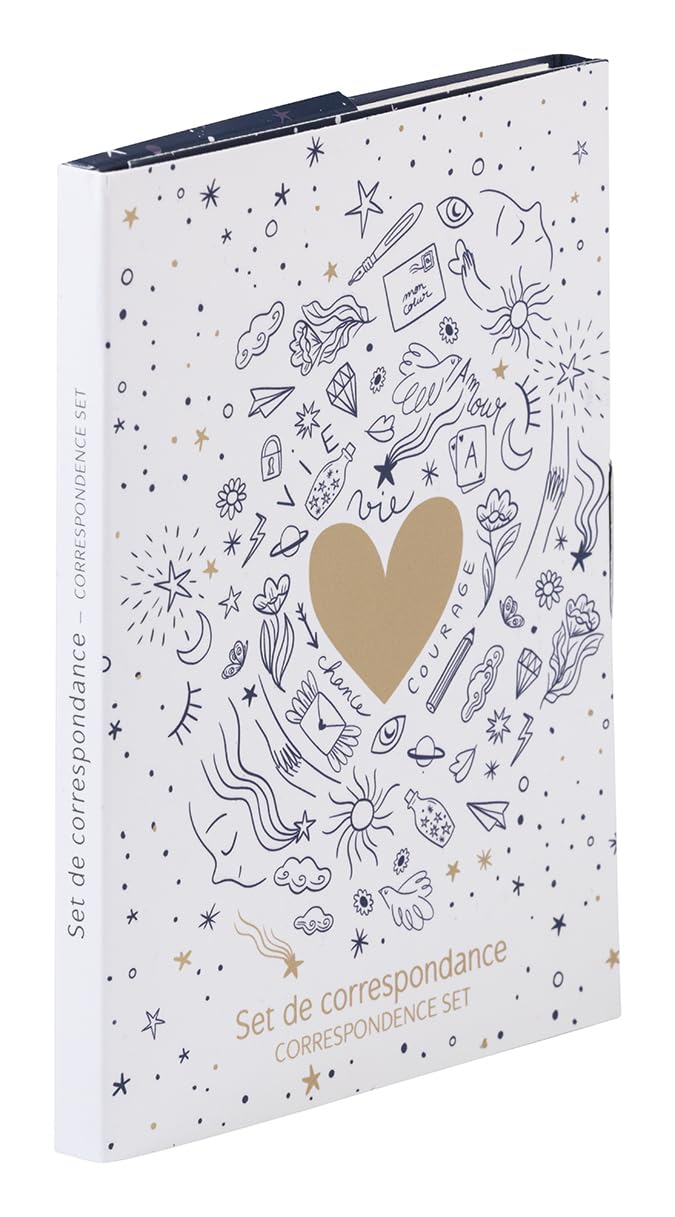 Clairefontaine - 116299C - Correspondence Set 8 Cards 11x15.5cm AST Celestial/Moon/Star/Heart 8 Envelopes Pollen Natural White - Adolie Collection 12x16.5cm