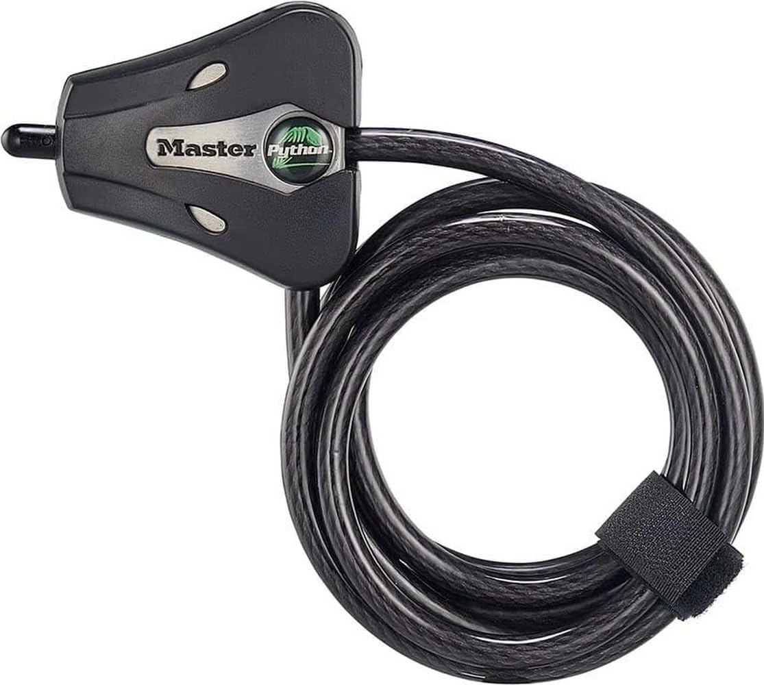 Master Lock, Lucchetto per bici con cavo nero e chiave, cavo regolabile in metallo con rivestimento in vinile, resistente alle intemperie, per attrezzature da esterno, biciclette, telecamere trail,