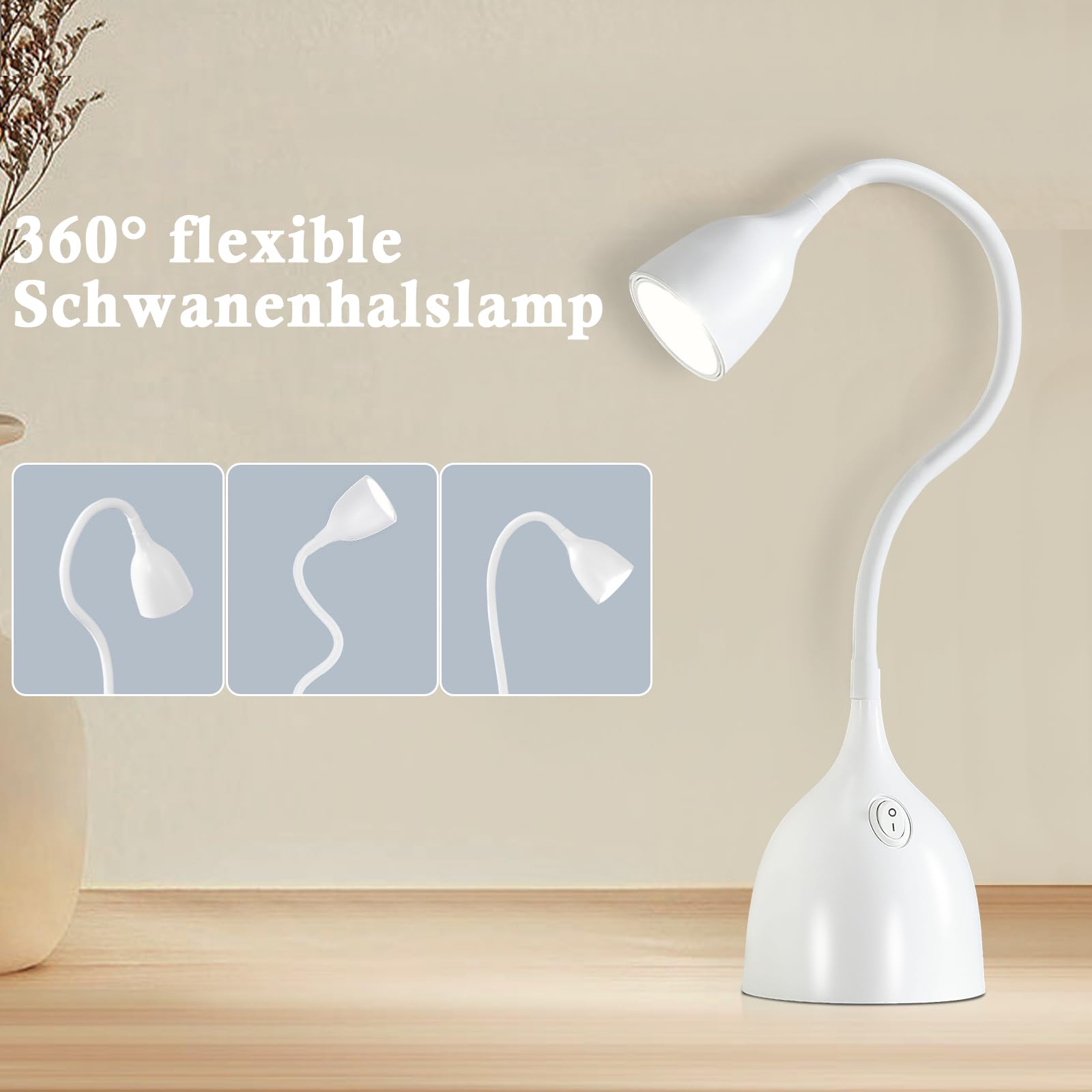 GyroVu Schreibtischlampe Weiß, LED Tischlampe, Klein Einstellbar Flexibler Gänsehals Leselampe, Non-flickering 5000K Schreibtischleuchte Augenschutz für Studentenwohnheim, Büro, Haus