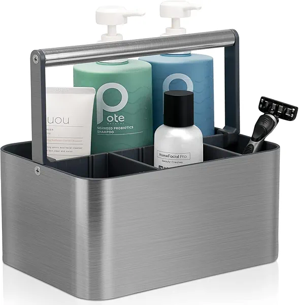 BYUNER Portable Shower Caddy Basket Bin with Handle and Adjustable dividers for College Dorm, Large Plastic Bathroom Storage Organizer Tote,Gray