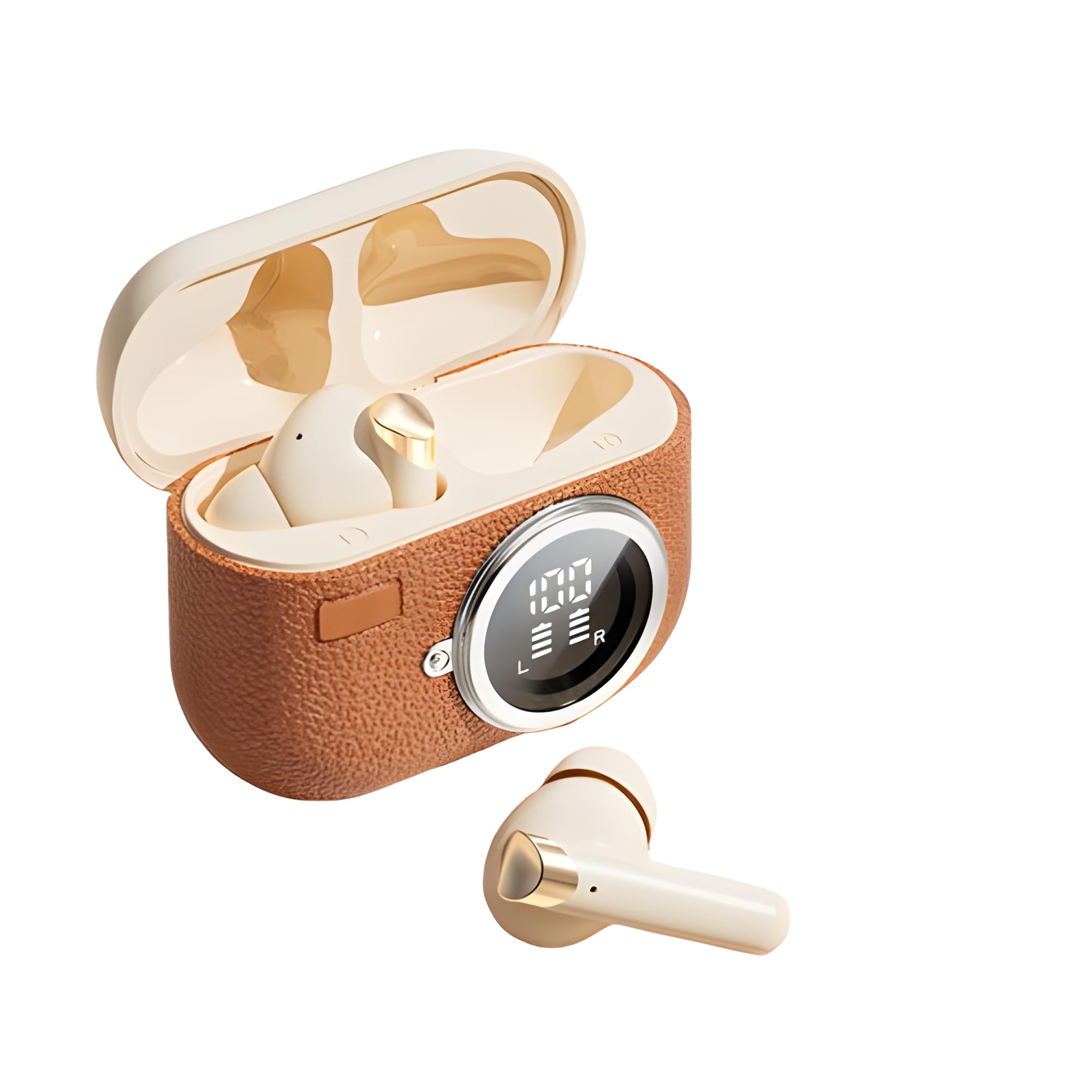 Open Ear Clip Headphones, Wireless Earbuds, Bluetooth 5.4 Sport Clip-on Earphones with 4HD Mics, 72H Playtime & LED Display, True Wireless Bluetooth Ear Buds Compatible with Android iOS (Brown)