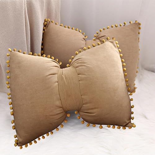 2 fundas de almohada decorativas de 14 x 20 pulgadas con pompones y lazo de terciopelo para habitación, cama, sofá, sillón, color champán
