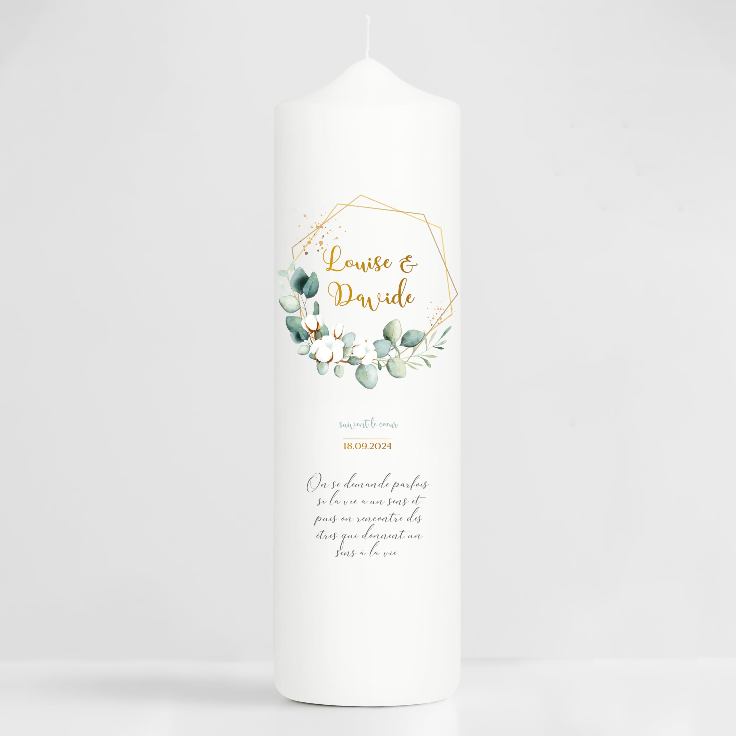 Bougie Mariage personnalisée motif Eucalyptus – Cierge avec prénoms et date – Bougie imprimée + 2 bougies invité – Cadeau de mariage – 25 x 7 cm