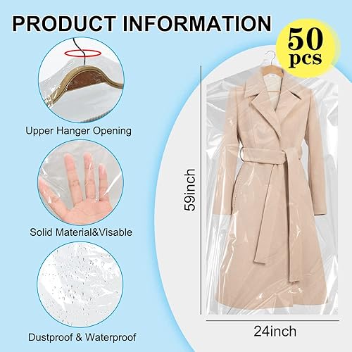 Miniatura 8 de BEISHIDA 60 bolsas de plástico para ropa de 35.5 pulgadas, bolsas de limpieza en seco, bolsa de plástico transparente, bolsas de lavandería para