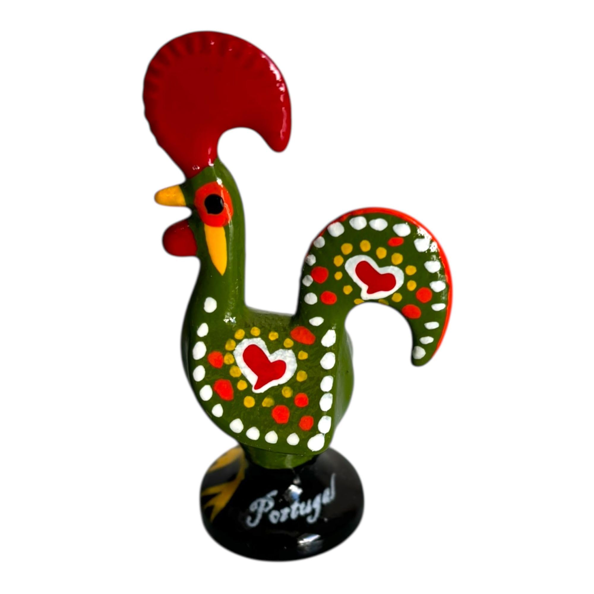 Portugal Galo De Barcelos, Portuguese Folk Art Hand Painted Rooster Polychrome Clay - Symbol of Good Luck & Prosperity - Souvenir from Portugal (2.5 Inch or 6.5 cm Tall) (Green)