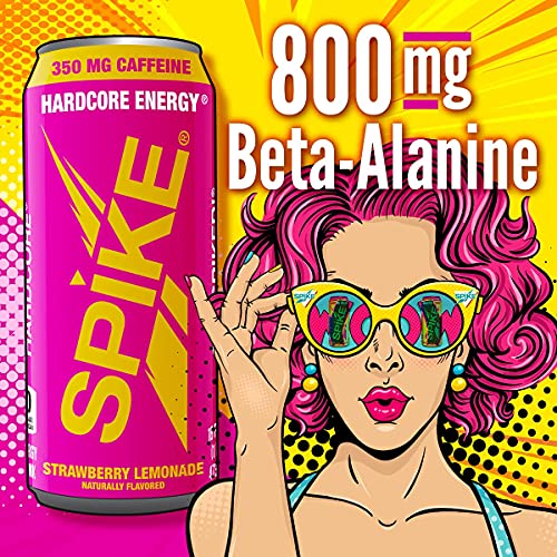 Spike Hardcore Energy Drink Strawberry Lemonade - 350 Mg Caffeine, 800 Mg Beta-Alanine, 1000 Mcg Vitamin B12 - Sugar Free, Almost Zero Calories - Pre-Workout Brain Booster - 16 Oz (Pack Of 12) #TOP4