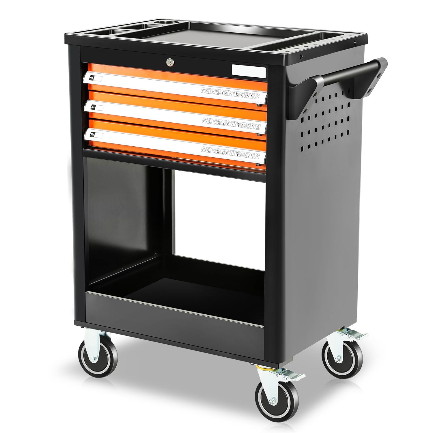 Universal Max 440 Lbs Orange 3 Drawer Plastic Top Tray Powder-Coated Steel Roller Cabinet for Garage Warehouse Home Office Workshop Repair Tools