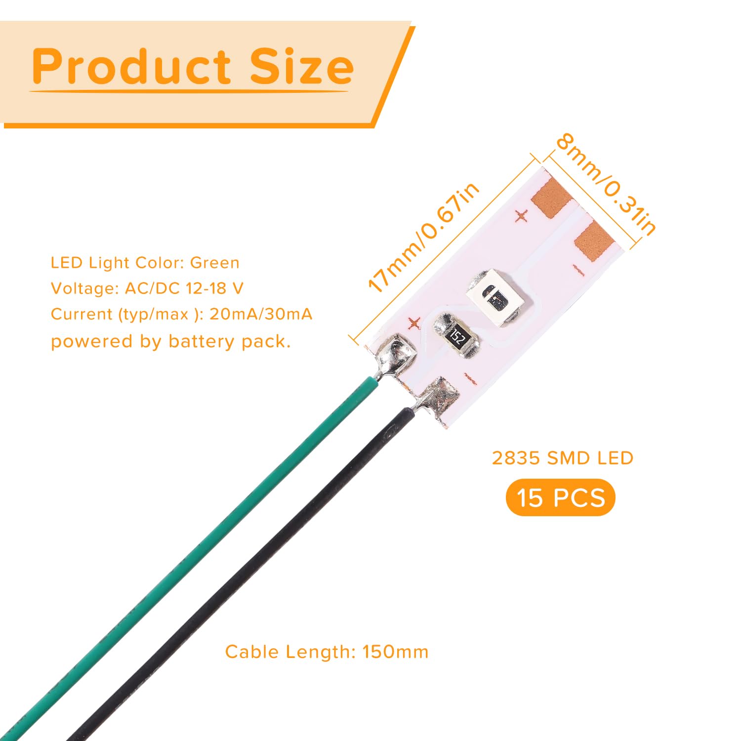 Lyeteung 15 PCS 17mm 12V - 18V Pre Wired Strip, 2835 SMD LED Model Railway LED Lighting, Green, 17mm - 15pcs - Image 2