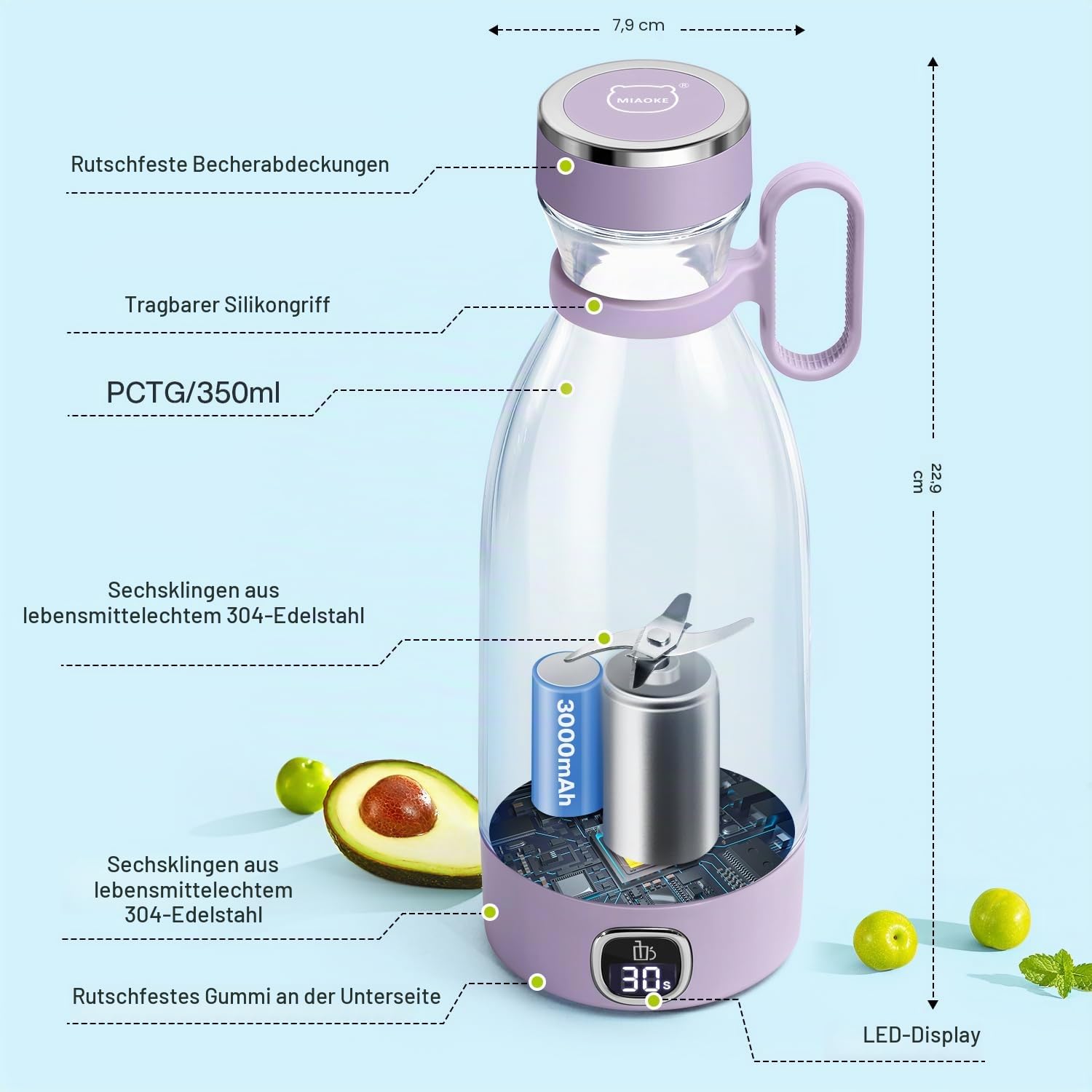 Tragbarer Mixer, MIAOKE 6-Klingen Entsafter-Becher für Saft, Shakes und Smoothies 350ml Mini-Mixer mit LED-Display, USB-wiederaufladbar, 3000mAh wiederaufladbare Batterie, für Zuhause, Sport, Outdoor