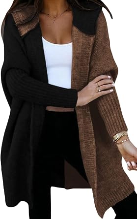 DMOYALA Cardigan Sweaters for Women 2024 Color Block Open Front Long Sleeve Hooded Knit Sweater Oversized Cardigan Coat
