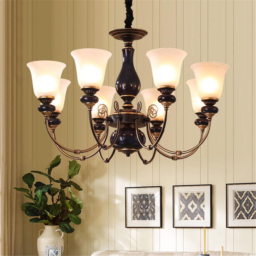 SXECAEPS European Luxury Living Room Chandelier American Retro Ceramic Restaurant Bedroom Study Hotel Villa Cafe LED Pendent Lamp (O 8 hts)