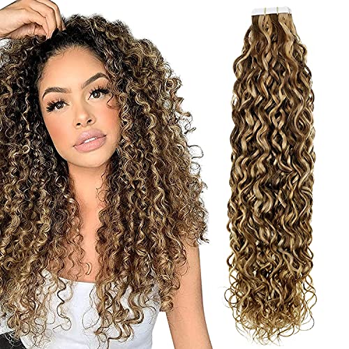 Hetto Blonde Tape in Hair Extensions Curly Real Human Hair Tape in Extensions Color #4P27 Dark Brown Highlight with Honey Blonde 50g 20Pcs 22 Inch Natural Wave Invisible Tape on Hair