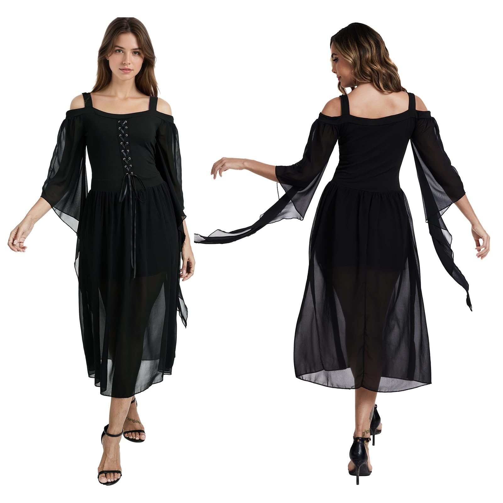Costume medievale da donna, abito gotico da donna, con maniche a tromba, corsetto rinascimentale costume per abito nero, Halloween