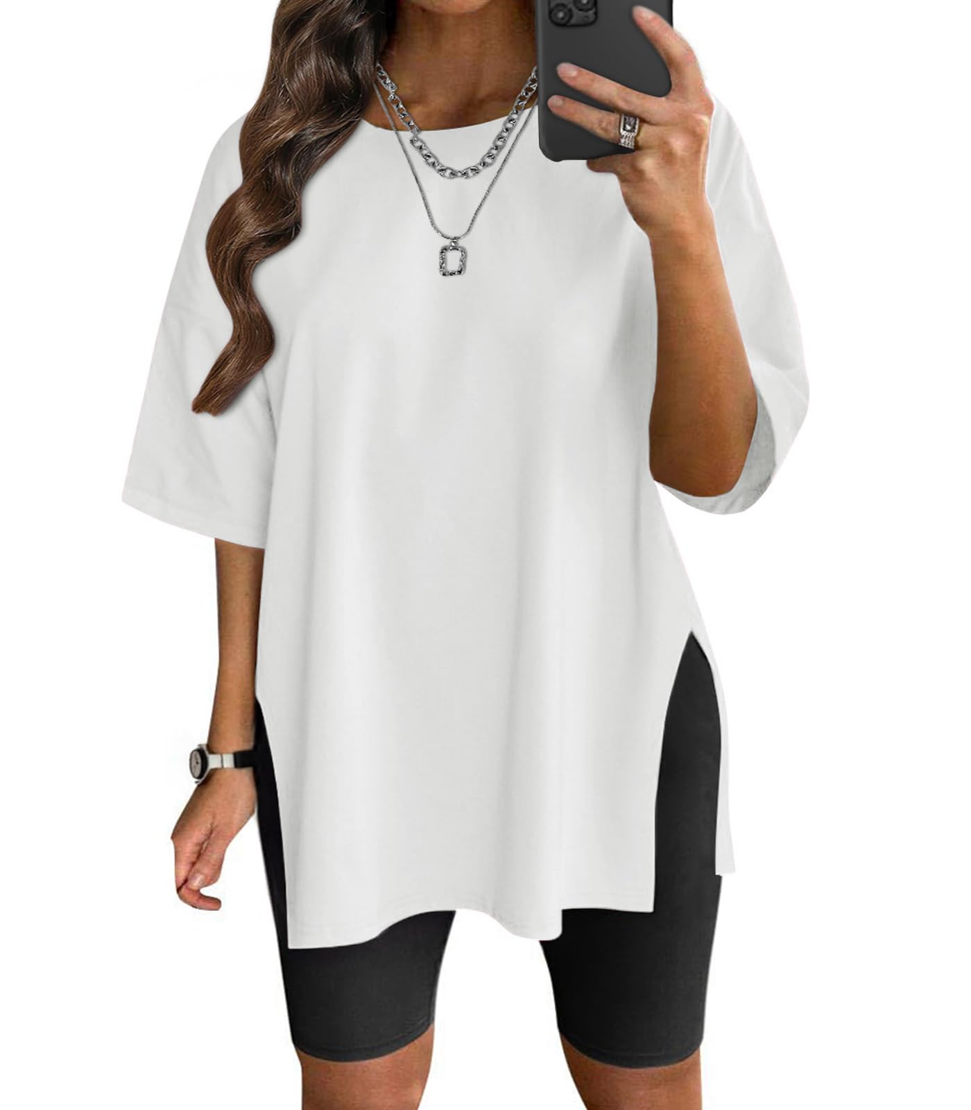 VNIRA Plus Size T Shirt for Women Oversized Cotton Short Sleeve Workout Top Loose Fit Side Split Casual Basic Tunic Top