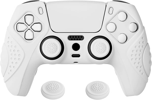eXtremeRate PlayVital Guardian Edition White Ergonomic Soft Anti-slip Controller Silicone Case Cover for ps5, Rubber Protector Skins with White Joystick Caps for ps5 Controller - 1