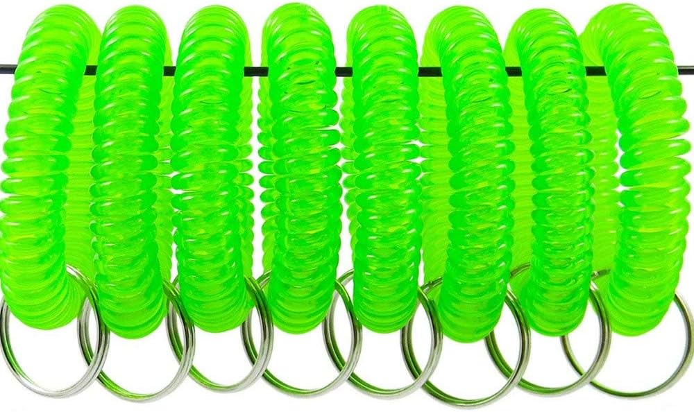Veronica Flexible Plastic Spring Spiral Wrist Coil Band Stretch Key Chain Ring Tag Pack of 100 (Green)